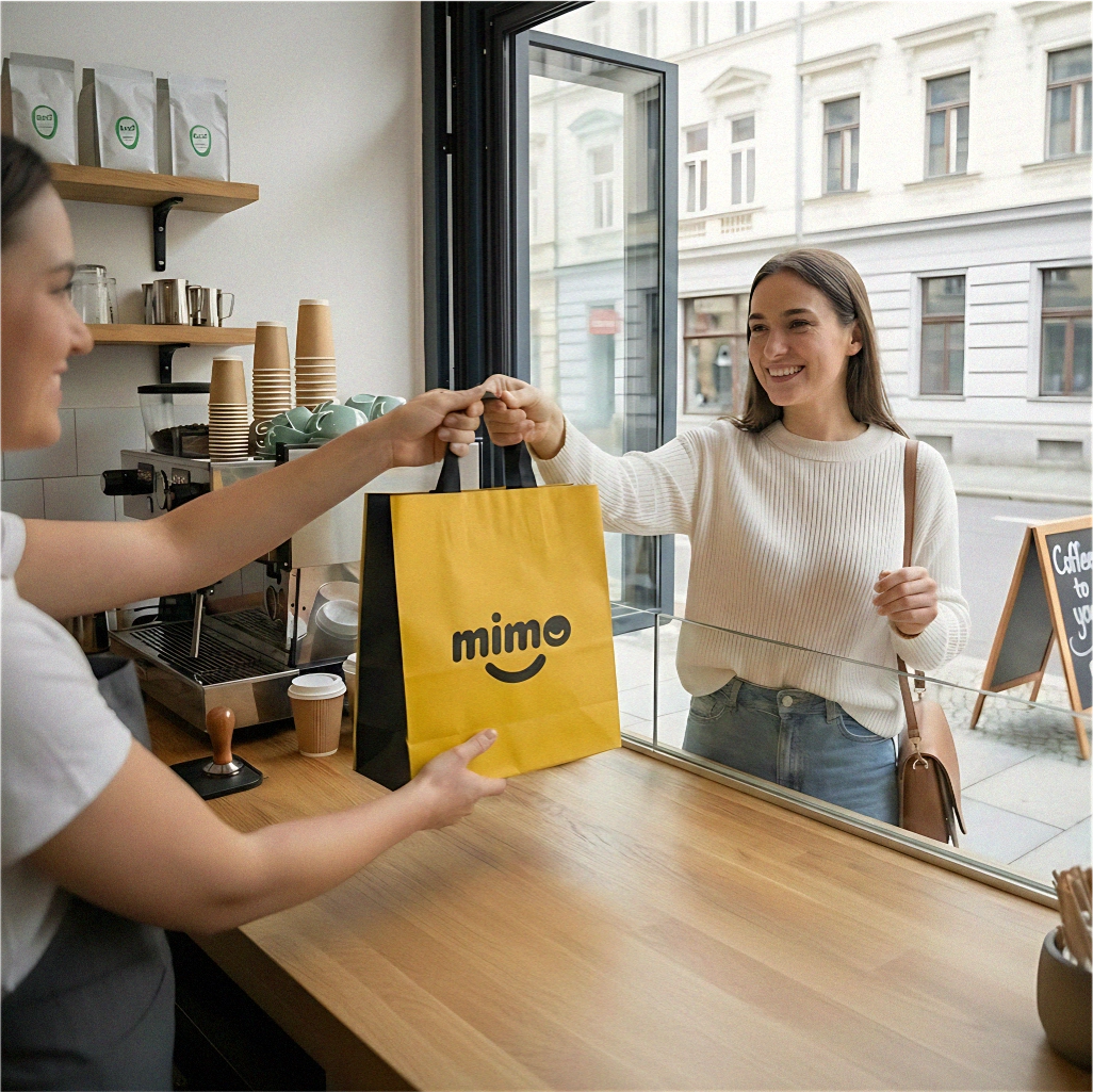 Cliente recebendo sacola Mimo em ambiente interno